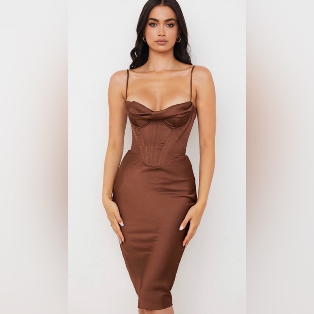 House of CB Myrna Chocolate Satin Corset Slip Dress